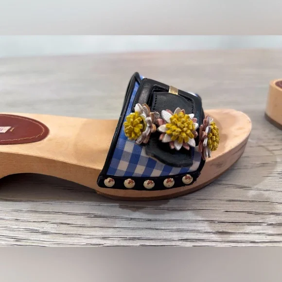 Fabrizio Viti Blue Gingham Wooden Sandal Size 7 - Picture 2 of 11